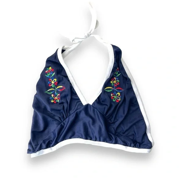 Vintage 1970s Embroidered floral halter top in navy blue contrast white straps - Picture 4 of 5